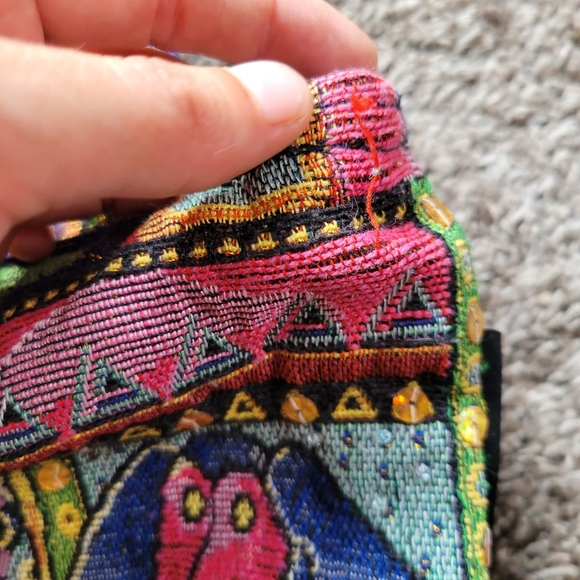 Laurel Burch Dog Patchwork Purse 2 Strap Tote Bag Red Blue Green Colorful Zipper - Picture 8 of 14